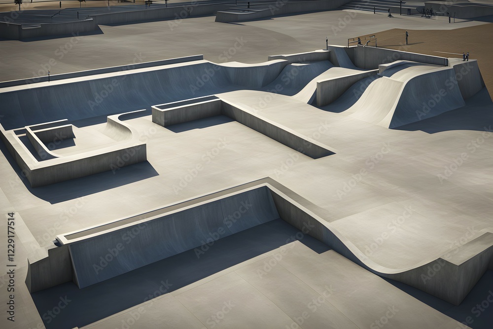 Fototapeta premium Aerial perspective top down of an empty skateboard park, AI generated