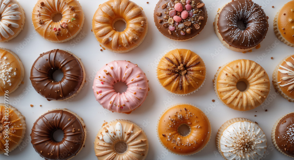 an arrangement of donuts on a white table with various toppings an arrangement of donuts on a white table with various toppings