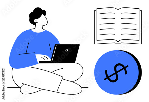 Person using laptop while sitting cross-legged, open book, dollar sign in blue circle. Ideal for online learning, freelancing, financial growth, education, e-learning, remote work entrepreneurship
