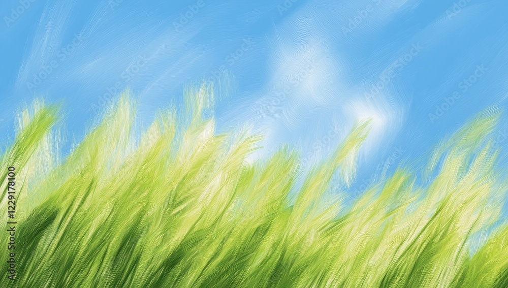 Fototapeta premium A painting of a field of grass with a blue sky in the background