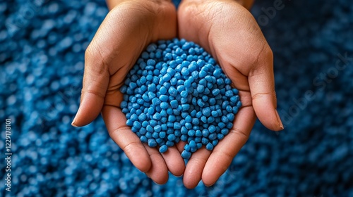 Close-up of blue biodegradable plastic pellets in hands, emphasizing sustainable solutions and eco-conscious material innovation. photo