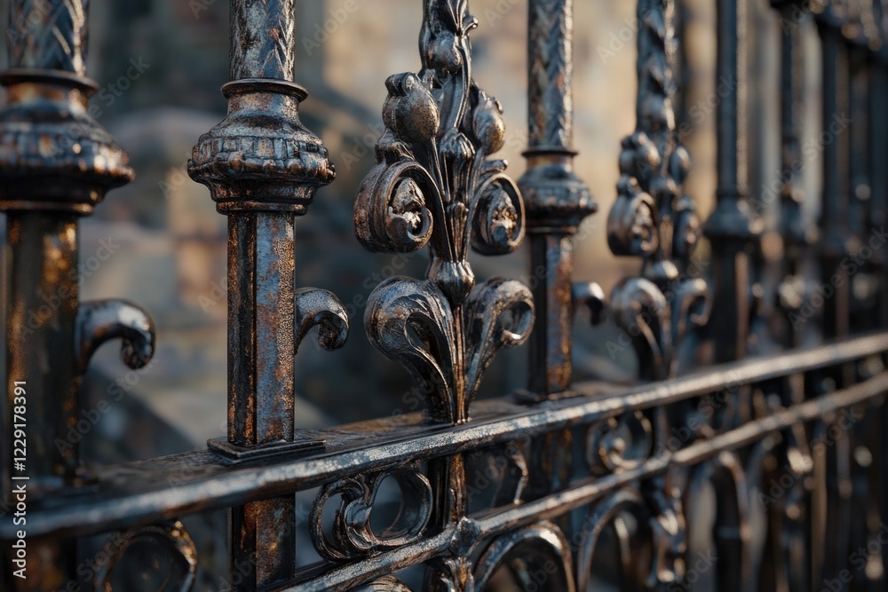 A close-up view of a metal fence with a building visible in the background A close-up view of a metal fence with a building visible in the background