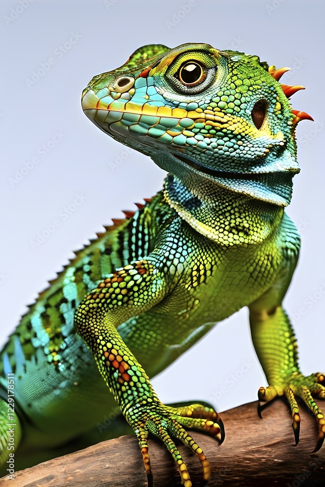 Obraz premium European green lizard portrait with its vibrant colors in hues of green and blue, AI generated