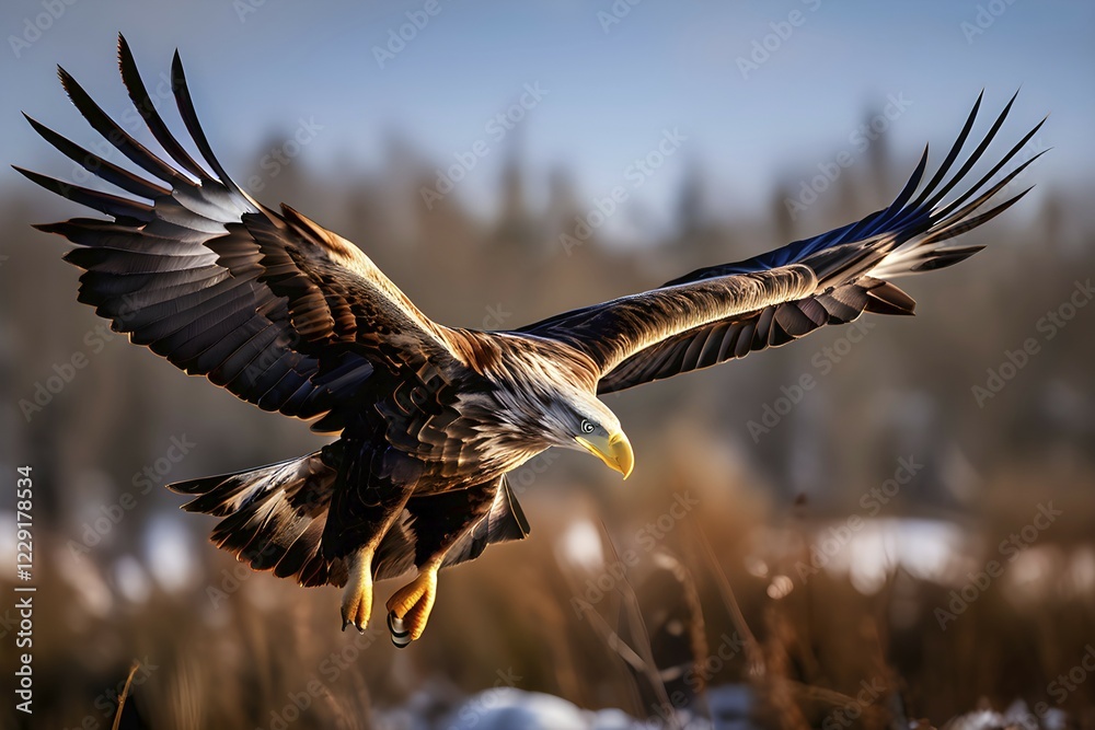 Obraz premium White tailed eagle mid flight wings fully extended, AI generated