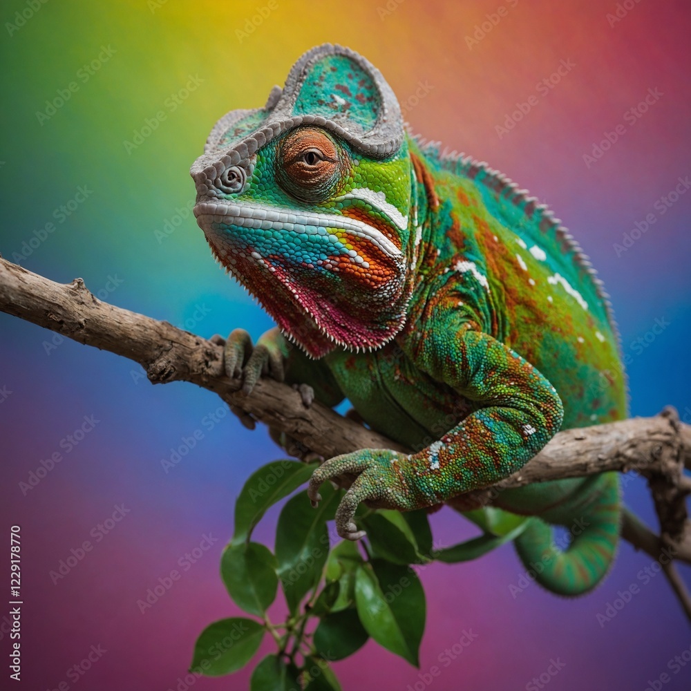 Fototapeta premium A chameleon on a branch blending into a rainbow-colored background.