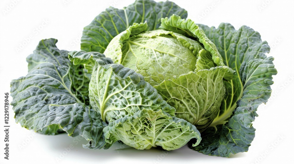 Fototapeta premium Bright green cabbage (Brassica oleracea Savoy) with detailed and veiny leaves, AI generated
