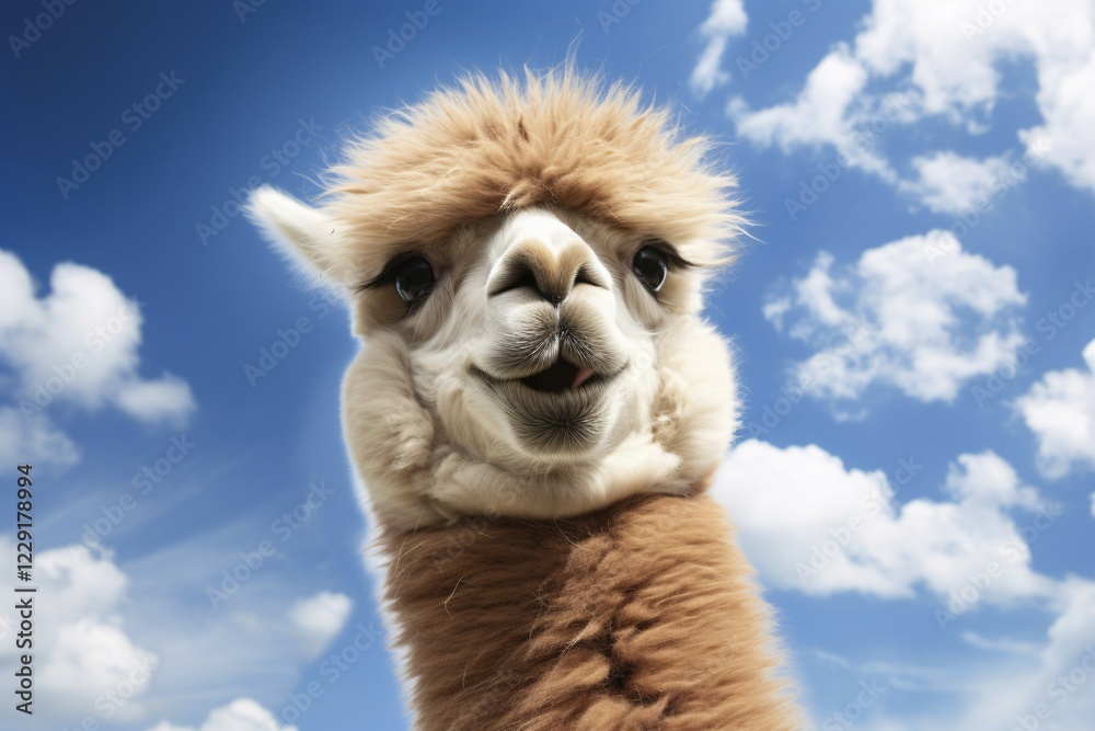 Funny close up of Alpaca head in front of blue sky with clouds. KI generiert, generiert, AI generated Funny close up of Alpaca head in front of blue sky with clouds. KI generiert, generiert, AI generated