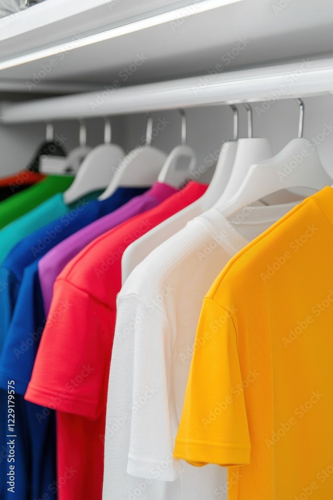 Fototapeta premium Colorful t-shirts neatly arranged in a modern closet.
