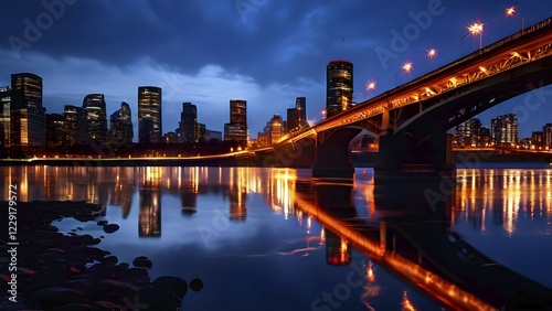 City bridges come alive under the glow of car headlights water underneath reflecting the luminescence, AI generated