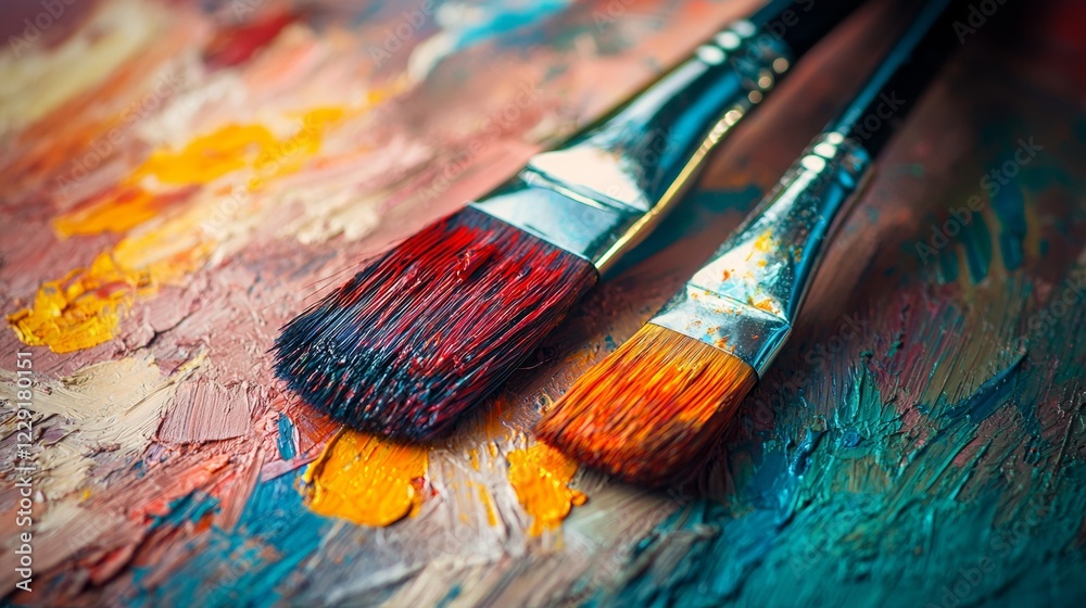 Obraz premium Paint brushes with vibrant colors on a palette