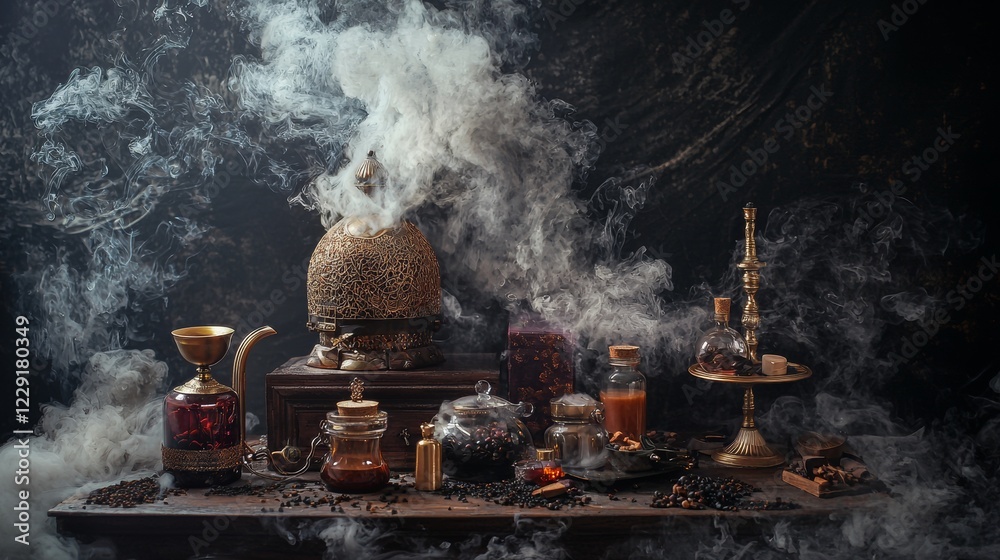 Spices and incense with smoke on a rustic table Spices and incense with smoke on a rustic table