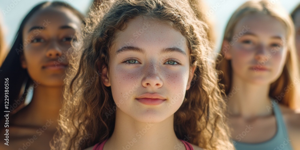 Fototapeta premium Young females standing together, friendship and unity concept