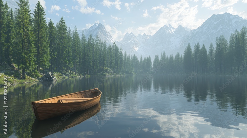 Serene Morning Landscape with Wooden Boat Amidst Mountain Reflections Serene Morning Landscape with Wooden Boat Amidst Mountain Reflections