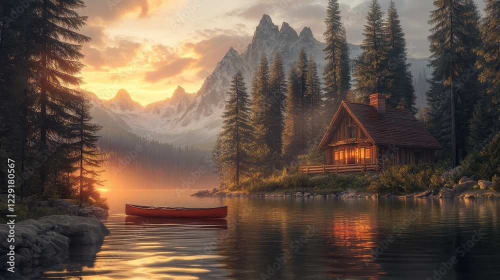 Fototapeta premium Serene Sunset Over Mountain Lake with Cozy Cabin and Canoe