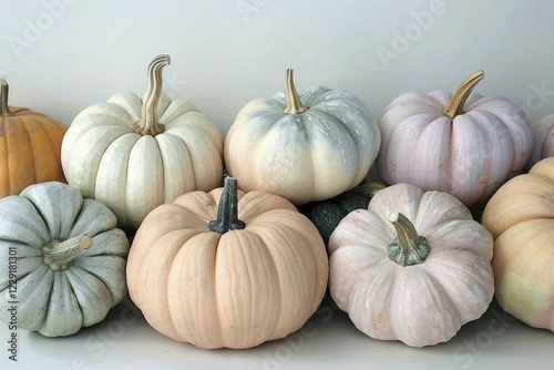 Stacks of dfferent pastel colored pumpkins. Generative Ai, AI generated photo