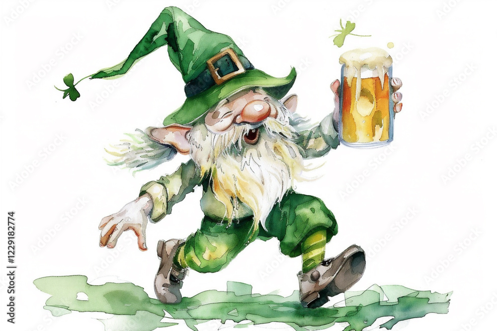Fototapeta premium Watercolor illustration, St. Patrick's Day in Ireland. Dwarf or elf with beer
