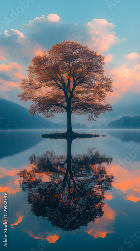 Stunning sunset reflection over a tranquil lake with a solitary tree and colorful sky at dusk