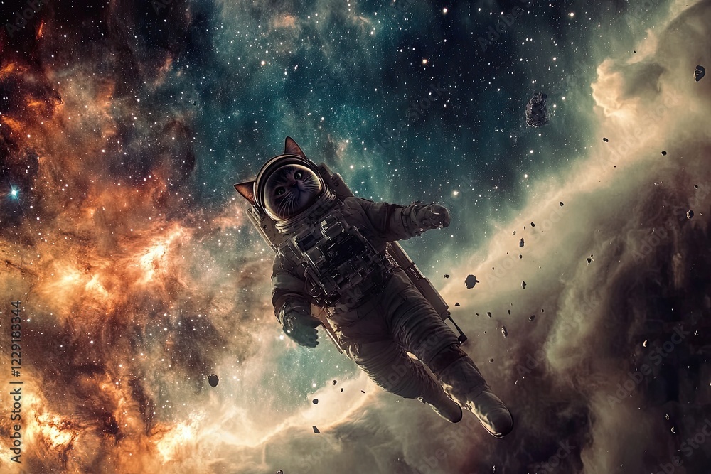 Fototapeta premium A cat in a protective spacesuit flies in space. against the backdrop of the international space station. looks through the spacesuit