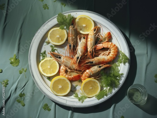 Fresh prawns, served on a plate with lemon and dill, KI generated, AI generated