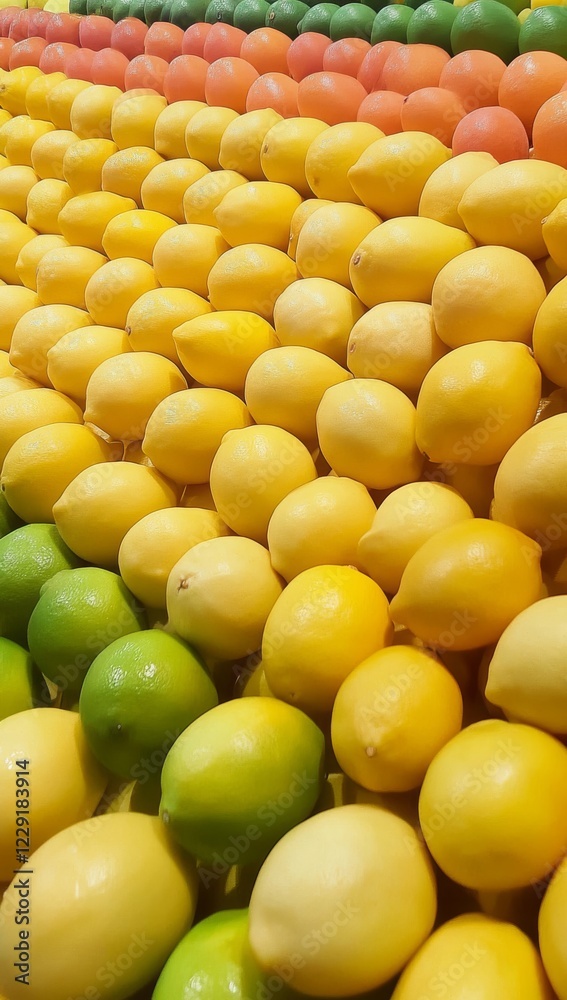 A large pile of lemons, neatly arranged in rows and colors. The lemons are bright yellow with smooth skin that glistens under the sunlight A large pile of lemons, neatly arranged in rows and colors. The lemons are bright yellow with smooth skin that glistens under the sunlight