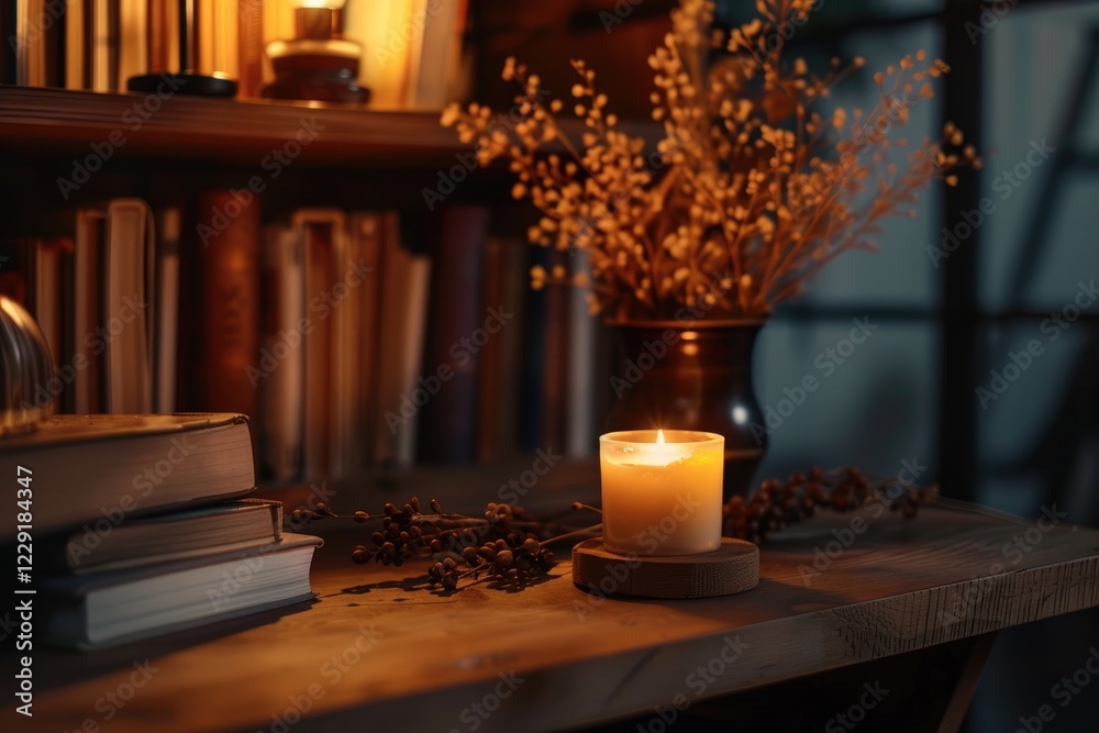 Obraz premium A lit candle rests on a wooden table near books and flowers