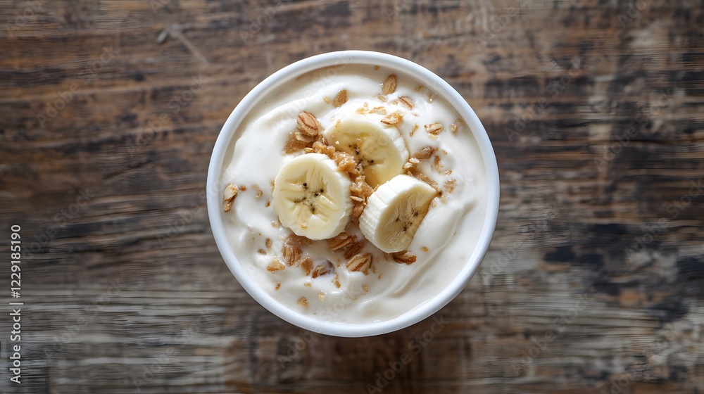 Cup of creamy yogurt topped with banana slices, almond butter, and granola on wooden table. Cup of creamy yogurt topped with banana slices, almond butter, and granola on wooden table.