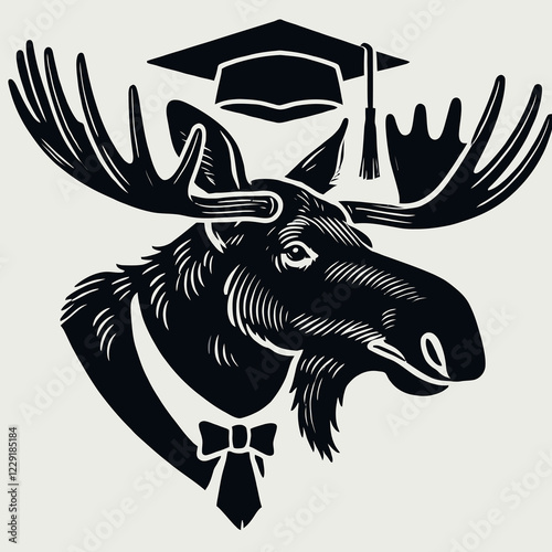A stylized illustration of a moose wearing a graduation cap and tie, symbolizing education and achievement. photo