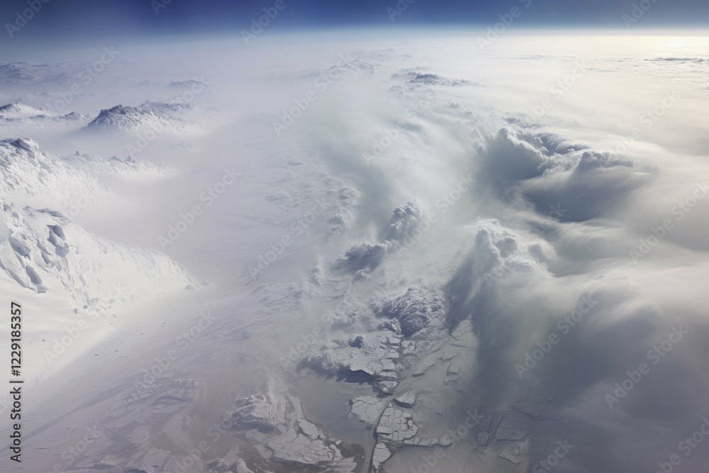Fototapeta premium Aerial view of the Arctic, snowstorm, winter landscape between ice and snow, haze fog, AI generated