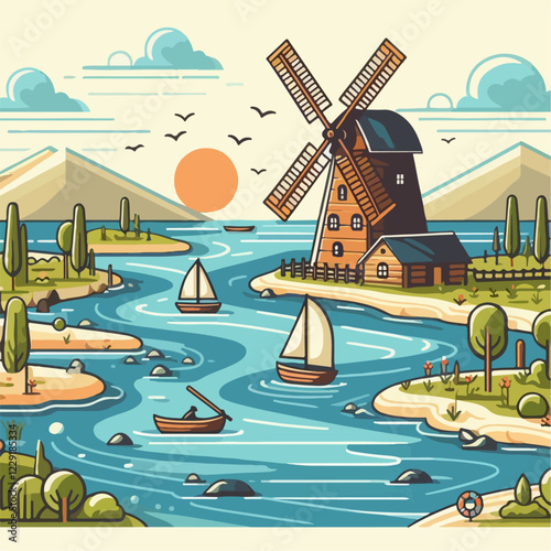 vector illustration of windmill scenery on the river