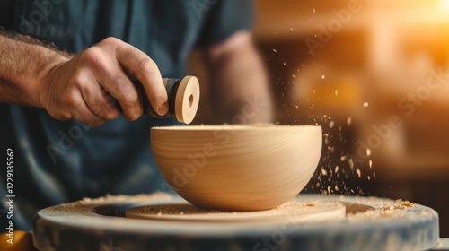 Craftsman shaping a wooden bowl on a lathe in a workshop, with wood shavings flying around