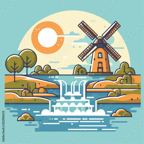 vector illustration of windmill scenery on the river