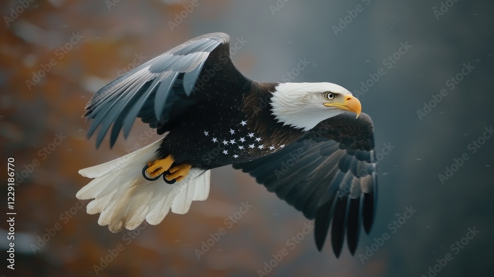 Fototapeta premium A bald eagle soaring through the sky with outstretched wings