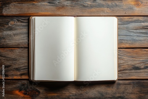 Beautiful Overhead View of a Wooden Office Desk with an Open Notebook with Blank Pages