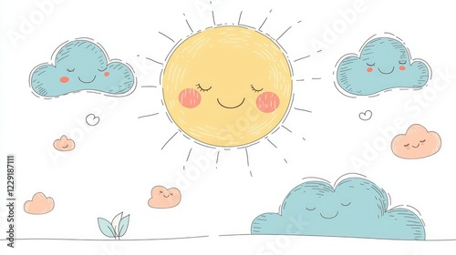 Cheerful Sun with Smiling Clouds in a Bright Sky Illustration