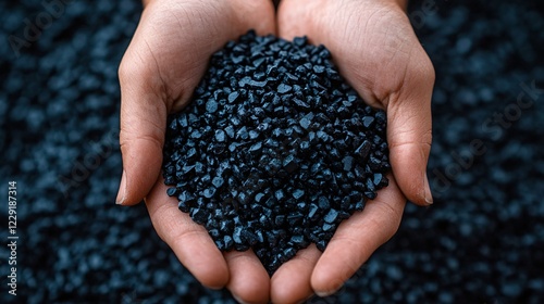 Close-up of black biodegradable plastic pellets in hands, showcasing environmentally responsible materials for a sustainable, eco-conscious future.