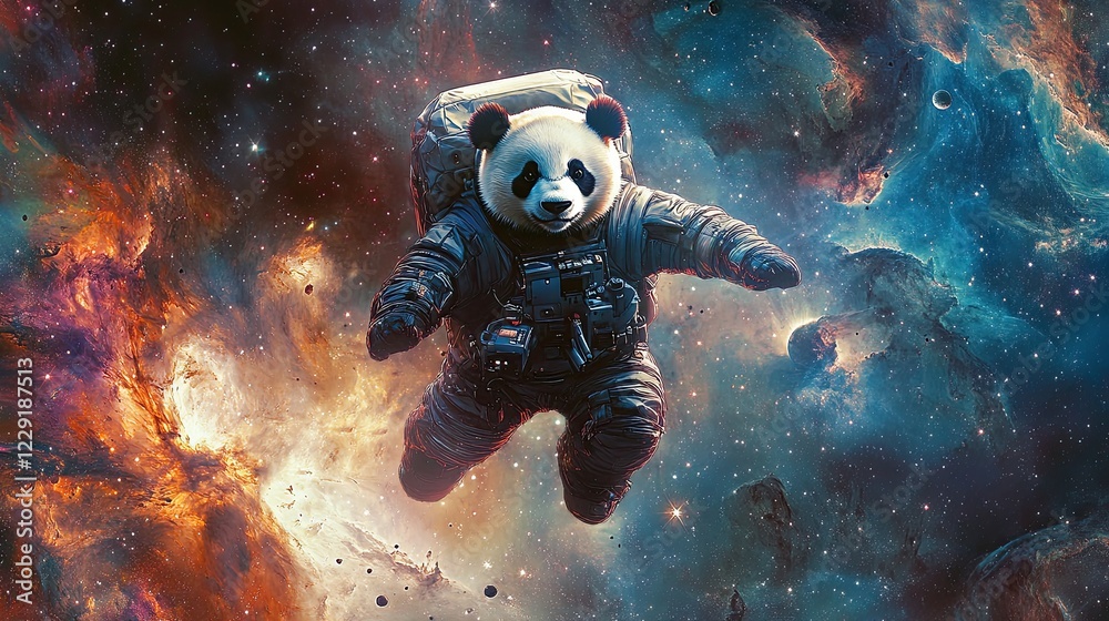 a panda in a protective suit flies in space. many stars. in the background of the nebula. high detail. fisheye lens. a panda in a protective suit flies in space. many stars. in the background of the nebula. high detail. fisheye lens.