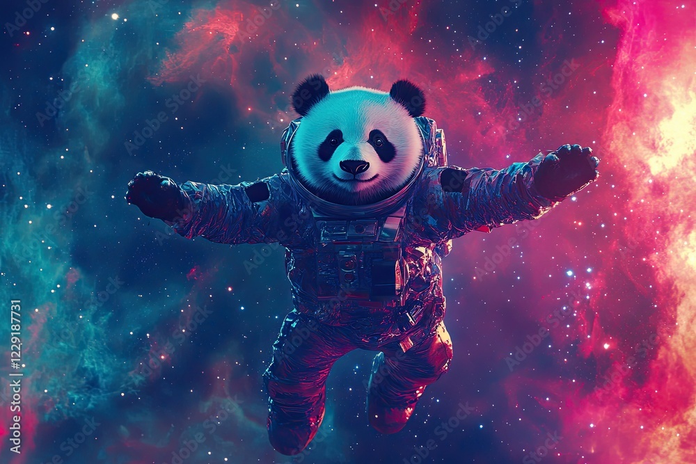 a panda in a protective suit flies in space. many stars. in the background of the nebula. high detail. fisheye lens. a panda in a protective suit flies in space. many stars. in the background of the nebula. high detail. fisheye lens.