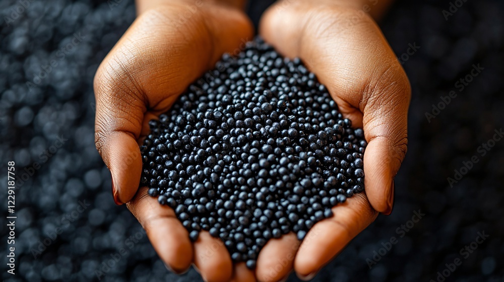 Close-up of hands holding black biodegradable plastic pellets, symbolizing eco-friendly materials and sustainable solutions for a greener future. Close-up of hands holding black biodegradable plastic pellets, symbolizing eco-friendly materials and sustainable solutions for a greener future.
