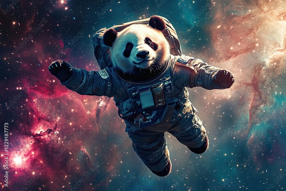 a panda in a protective suit flies in space. many stars. in the background of the nebula. high detail. fisheye lens. a panda in a protective suit flies in space. many stars. in the background of the nebula. high detail. fisheye lens.