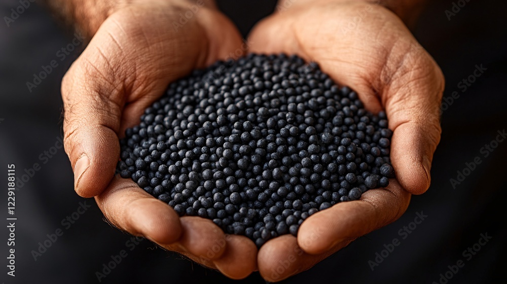 Close-up of hands holding black biodegradable plastic pellets, symbolizing eco-friendly materials and sustainable solutions for a greener future. Close-up of hands holding black biodegradable plastic pellets, symbolizing eco-friendly materials and sustainable solutions for a greener future.