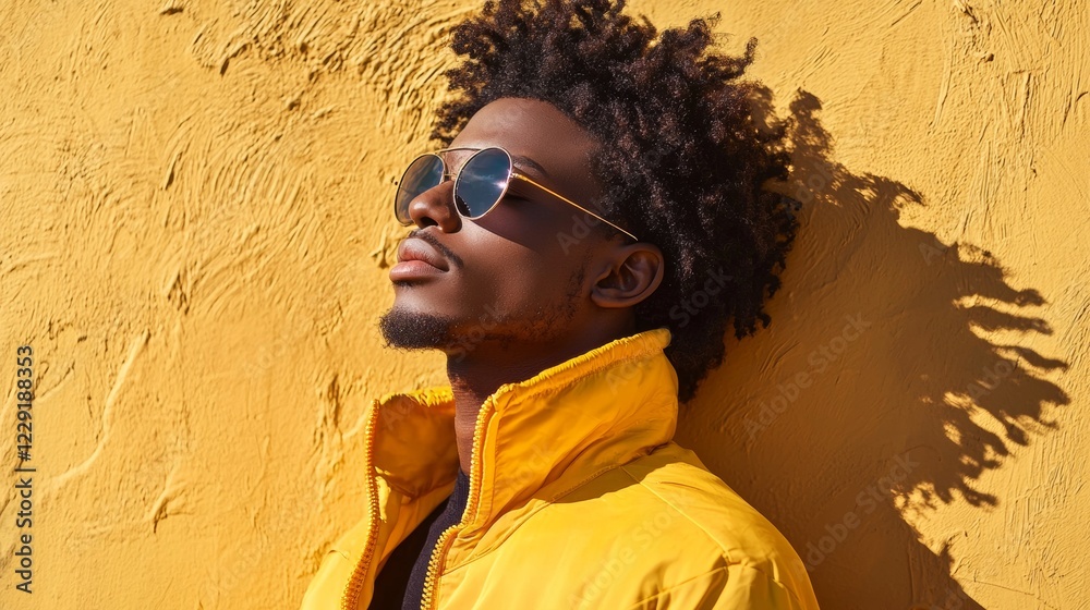 Stylish man with sunglasses posing against a yellow wall Stylish man with sunglasses posing against a yellow wall