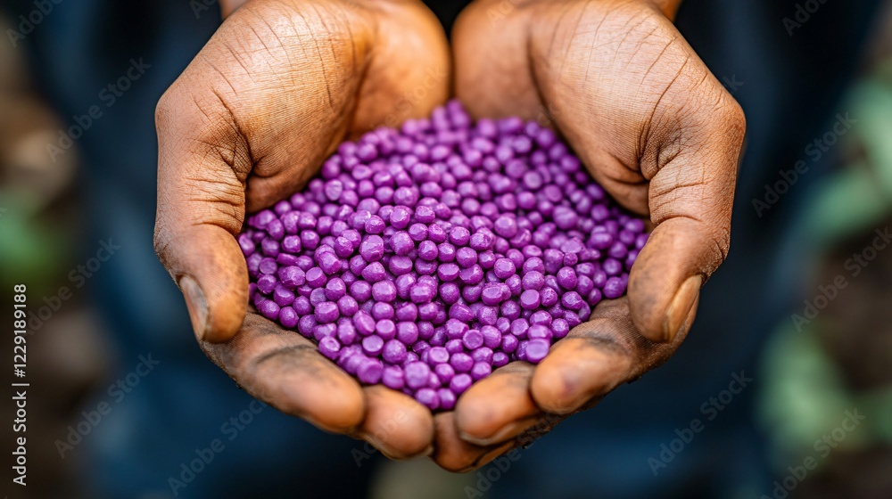 Close-up of hands holding purple biodegradable plastic pellets, symbolizing eco-friendly innovation and sustainable, colorful material alternatives. Close-up of hands holding purple biodegradable plastic pellets, symbolizing eco-friendly innovation and sustainable, colorful material alternatives.