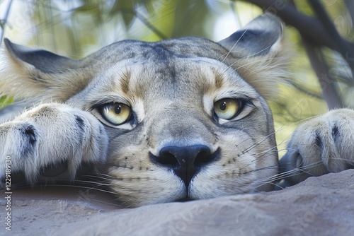 Imaginary Angola lion with human eyes, AI generated