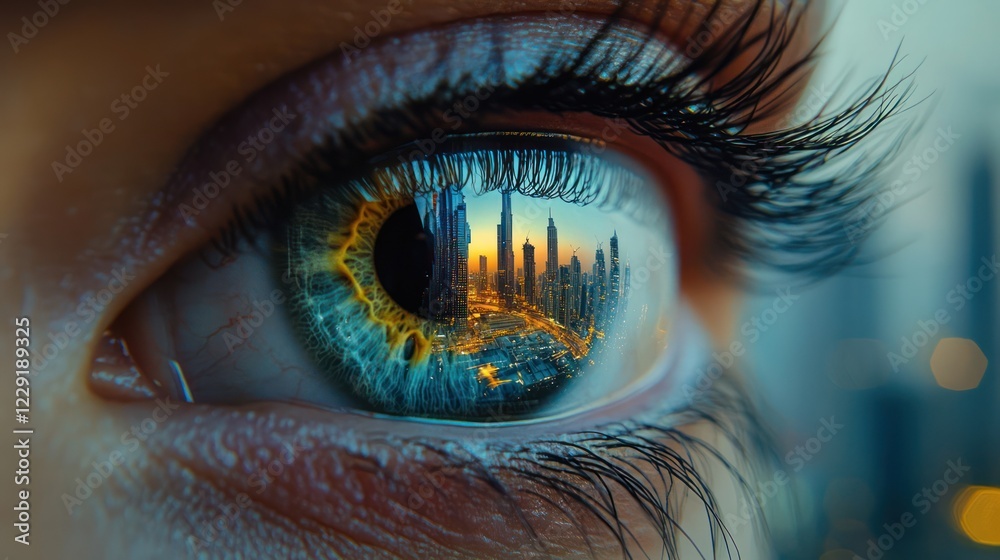 A cinematic shot macro lens of an eye which reflects Dubai city in this eye A cinematic shot macro lens of an eye which reflects Dubai city in this eye