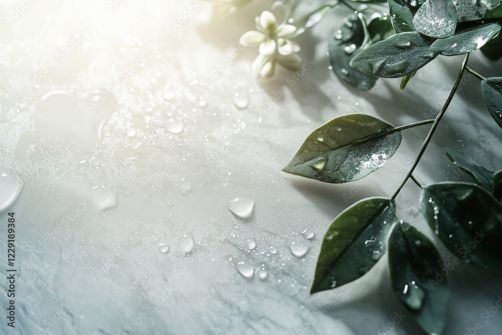 Close-up of Natural Elements like Leaves and Water on a Light Background