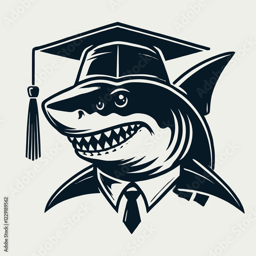 A cartoon shark wearing a graduation cap and a suit, combining elements of academia and marine life in a humorous way. photo