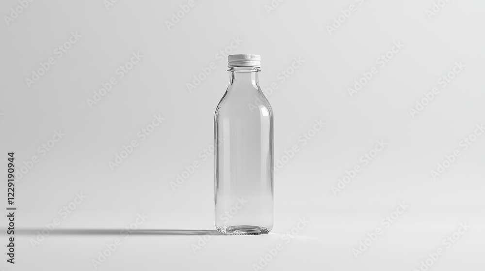 A clear glass bottle with a white lid. The bottle is sitting on a white background A clear glass bottle with a white lid. The bottle is sitting on a white background