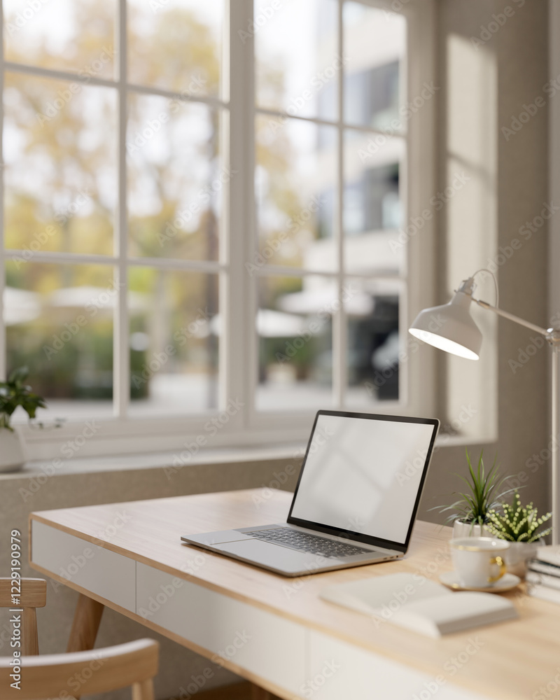 custom made wallpaper toronto digitalA contemporary, minimalist white home office features a laptop on a wooden table by the window.