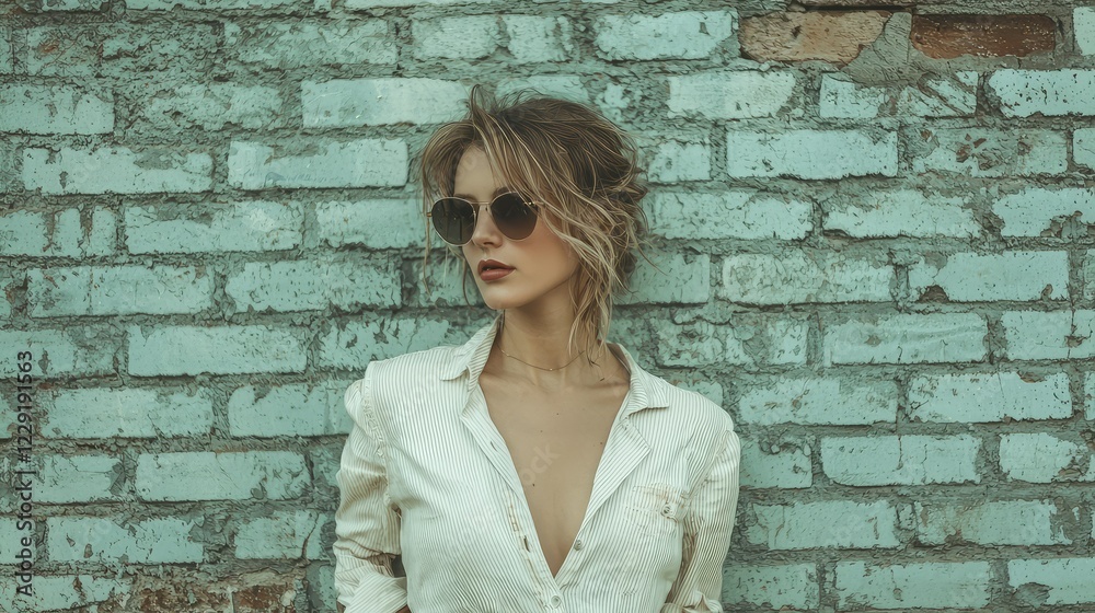Stylish young woman in sunglasses poses against a vintage brick wall Stylish young woman in sunglasses poses against a vintage brick wall