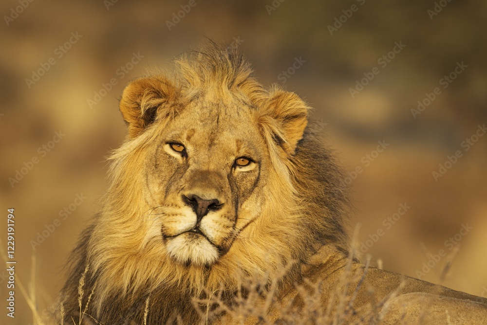 Fototapeta premium Lion (Panthera leo), male, portrait, Kalahari Desert, Kgalagadi Transfrontier Park, South Africa, Africa